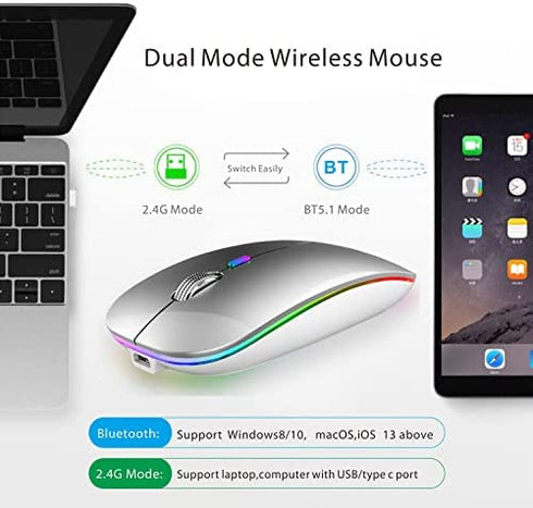 TENMOS Wireless Bluetooth Mouse, LED Slim Dual Mode (Bluetooth 5.1 + USB) 2.4GHz Rechargeable Silent Bluetooth Wireless Mouse with Type C Adapter for Laptop/MacBook/iPad OS 13 and Above (Silver)