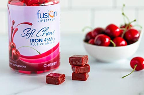 Fusion Lifestyle Iron Supplement for Women and Men, Cherry Flavored Iron Soft Chew Plus Vitamin C for Iron Deficiency and Anemia, 2 Month Supply, 60 Count