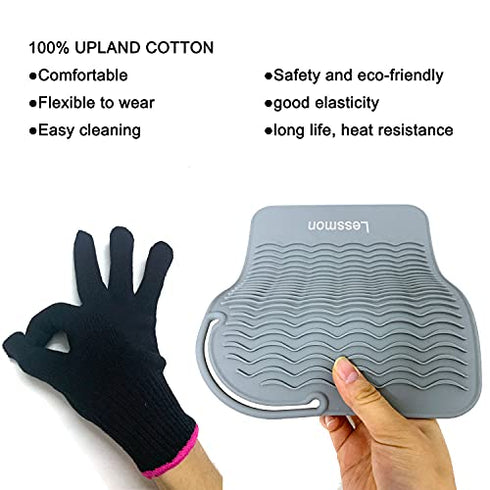 Flat Iron Travel Mat, Curling Iron Counter Protector with Heat Resistant Glove for Curling Irons, Hair Straightener, Flat Irons and Hair Styling Tools, 9” x 6.5”, Gray by Lessmon