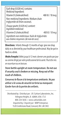 Carlson - Baby's Super Daily D3, Baby Vitamin D Drops, 400 IU (10 mcg) per Drop, 1-Year Supply, Vegetarian, Liquid Vitamin D Drops for Infants and Toddlers, Unflavored, 365 Drops