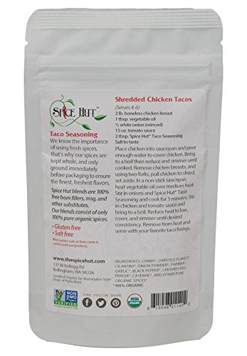 Organic Taco Seasoning, Spice Blend for Southwestern Cooking, 2 ounce, Small Pouch – Salt Free, The Spice Hut