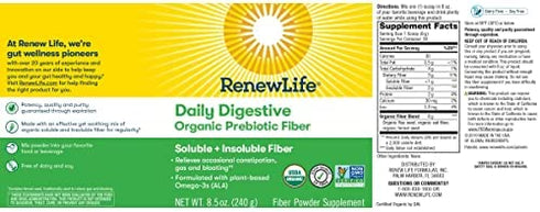 Renew Life Adult Daily Digestive Organic Prebiotic Fiber, Plant-Based Omega-3, Soluble & Insoluble Fiber Powder, Helps Reduce Constipation, Gas, & Bloating, 8.5 Oz