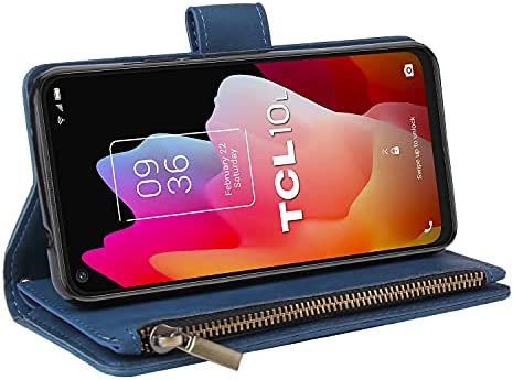 LOWPZNVE Wallet Case for TCL 10 5G UW Verizon,TCL 10 5G UW Case,Leather Handbag Zipper Pocket Card Holder Slots Wrist Strap Flip Protective Phone Cover for TCL 10 5G UW (Blue)