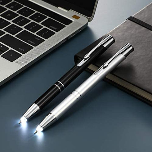 4 Pieces Lighted Tip Pen Metal Ballpoint Pen with Light LED Lighted Pen Black Ink Writing Pen with 8 Pieces Pen Refills for Writing in the Dark