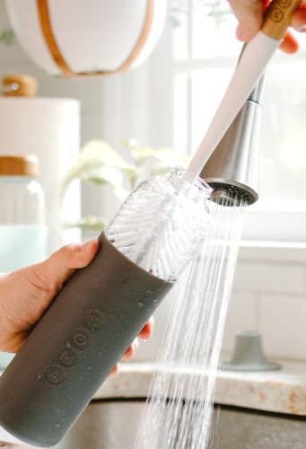 SOMA Long, Curved-Head Bottle Brush with Silicone Stand and Bamboo Handle, 14"", Gray"