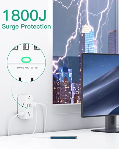 Outlet Extender with Night Light, 5-Outlet Surge Protector with 3 USB Charging Ports, 1800J Power Strip Multi Plug Outlets Wall Adapter Expander with Spaced Outlets for Home, School, Office