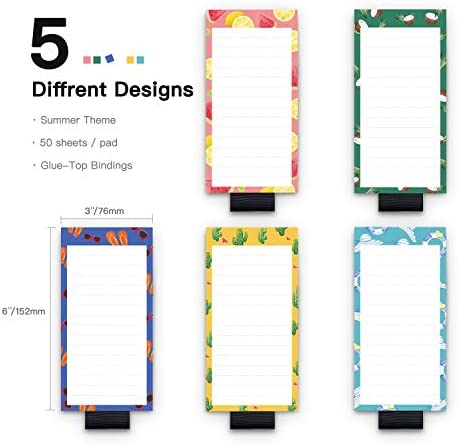 5 Pack Magnetic Notepads for Fridge with Pen Holder, Full Magnet Back Notepad, to Do List, Grocery Shopping, Summer Theme, 6" x 3", 50 Sheets, Magnet Memo Pad for Fridge, Locker, File Cabinet, etc