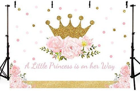 MEHOFOTO Little Princess Baby Shower Photo Studio Booth Background Pink Floral Shimmer Gold Crown Polka Dots Royal Celebration Photography Backdrops Banner for Cake Table Supplies 7x5ft