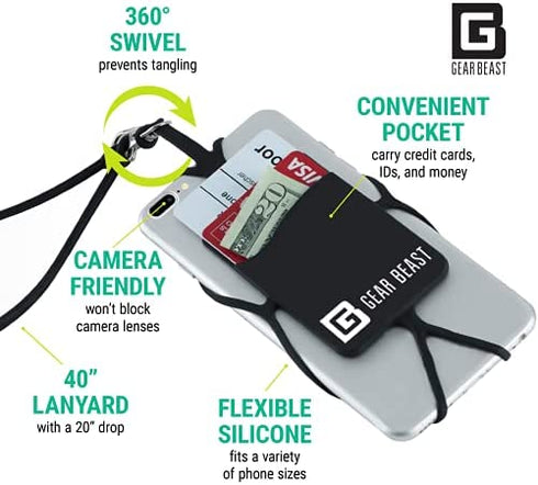 Gear Beast Cell Phone Lanyard - Neck Phone Holder w/ Card Pocket and Silicone Neck Strap - Compatible with Most Smartphones, Black