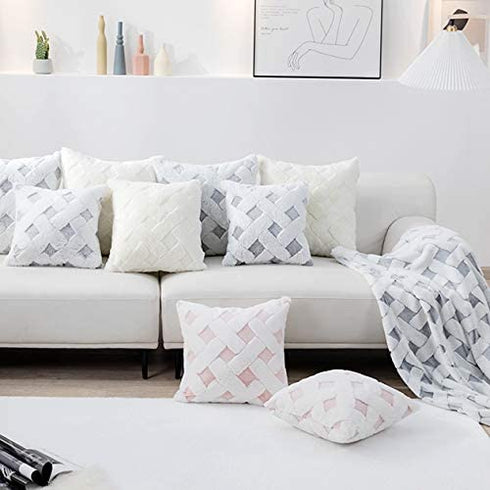 Cozy Bliss Set of 2 Faux Fur Pillow Covers Luxury Super Soft Plush Fleece Throw Pillowcase, Textured Knitted Cushion Cover Decorative Pillowcases for Sofa Couch Bed Chair Car (Cream, 18"x18")