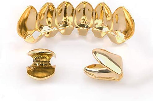 TSANLY Gold Grillz Mouth Teeth 24K Plated Gold Custom Fit Top & Bottom Set Caps Grillz for Women Gift + Extra Molding Bars + Microfiber Cloth