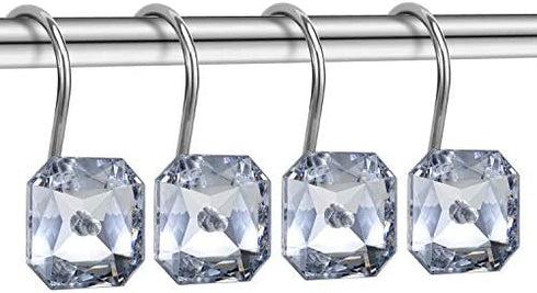 CHICTIE Diamond Shower Curtain Hooks,White Crystal Decorative Shower Curtain Rings,Set of 12 Stainless Steel Rust-Proof Square Rhinestones Shower Hooks Hangers for Bathroom