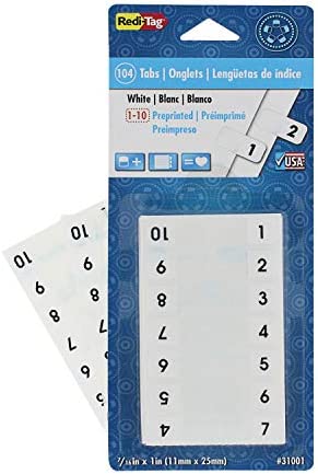 Redi-Tag Pre-Printed 1-10 Index Tabs, Permanent Adhesive, 7/16" x 1", 104 Tabs Per Pack, White with Black Print, 1-Pack (31001)