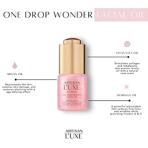 Artisan L’uxe One Drop Wonder Facial Oil | Radiant Facial Oil with Rose Pearl Illuminators | Organic Argan & Moroccan Hydrating Face Oil | Anti Aging Skin Care Facial Oil Rose Oil | 0.5 Oz.