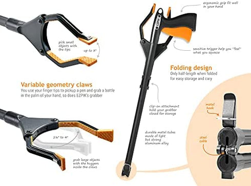 EZPIK® 40" Long Reach Grabber Reacher Tool - Heavy Duty Trash Picker Upper Grabber - Long Handled Reacher Grabber Pickup Tool - Extended Grabber Tool with Rotating Head and Magnet