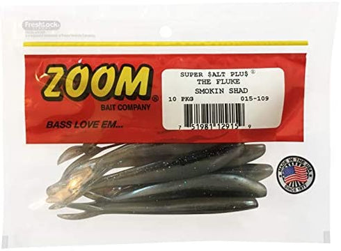 Bundle: Zoom Fluke Bait Lures - 4 1/4" Watermelon Seed 10 Pack, 4 1/4" White Pearl 10 Pack, 4 1/4" Smokin Shadow 10 Pack and 4 1/4" Baby Bass 10 Pack