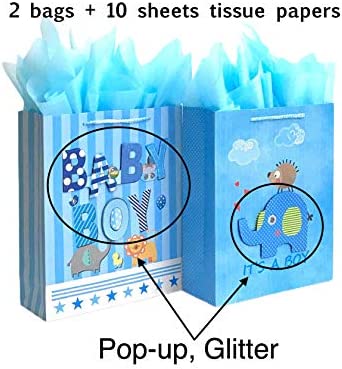 12.5" Medium Baby Gift Bags with Tissue Papers for Baby Showers 2-Pack (Blue)