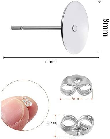 190 PCS Hypoallergenic 925 Sterling Silver Plated Earrings Posts Flat Pad Blank Earrings Pin Studs with 925 Sterling Silver Earring Backs for DIY Jewelry Making Findings( 5mm 6mm 8mm)