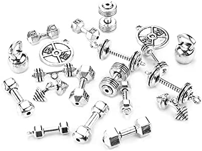 JIALEEY Sports Charms Collection Mixed Kettle Bell Dumbbell Barbell Weight Charms Sport Charm for DIY Fitness Necklace Jewelry Making 20pcs(100g)