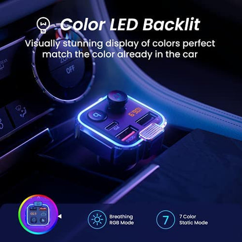 AINOPE 2023 Upgraded Bluetooth FM Transmitter for Car Adapter, Stronger Microphone & Bass Sound Bluetooth Radio Transmitter Car Adapter, Support 42W PD+QC3.0, 7 Colors LED Backlit, Wireless Call