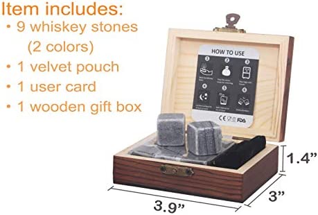 Whiskey Stones Gift Set Pack of 9 Whiskey Rocks in Engraved Wooden Gift Box, for Dad/Whisky/Bourbon Drinker, Men/Women Birthday Present, Barleo Malt°