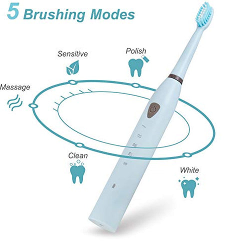 Rechargeable Electric Sonic Toothbrush for Adults 5 Modes Electric Toothbrush with 2 Mins Timer and 4 Brushheads, for Daily Tooth Whitening and Oral Care(Blue)