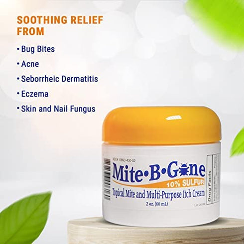 Mite-B-Gone 10% Sulfur Cream Itch Relief for Insect Bites, Acne, Itching and Redness (2oz) Fast and Effective Relief for All Bites with an All-Natural Blend of Anti-Inflammatory Ingredients