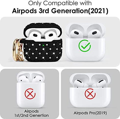 Airpods 3rd Generation Case for Women, Cute Glitter Rhinestone Airpod Gen 3 Cases Hard Cover with Keychain Compatible with Apple Wireless iPod 3rd Charging Case 2021, Black
