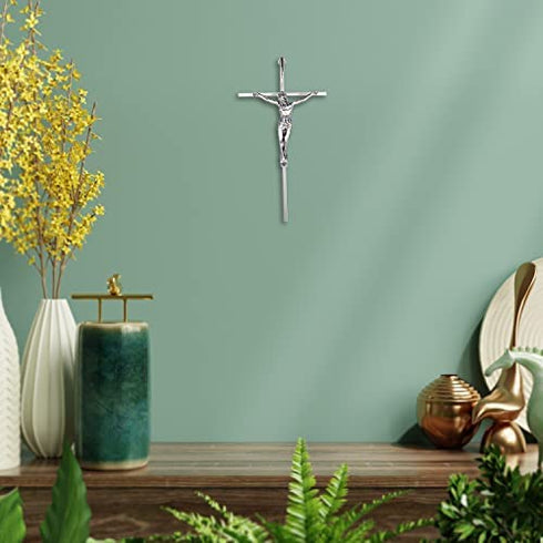 ACHIBANG Crucifix Wall Cross, Catholic Metal Crosses Wall Decor - 10 Inch - Shiny Silver