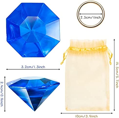 PANTIDE 35Pcs Acrylic Diamond Gems Jewels Alloy Gold Round Ring Set The Blue Hedgehog Chaos Emeralds Power Rings Party Favor Supplies Cake Decoration Pirate Treasure Chest Hunt for Kids with Bag