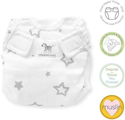 SmartNappy Cotton Muslin by Amazing Baby, NextGen Hybrid Cloth Diaper Cover + 1 Bi-fold Reusable Insert + 1 Reusable Booster, Stargazer, Gray, Size 1, 5-10 lbs