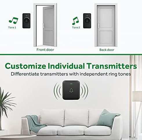 Wireless Door Bell, AVANTEK CB-21 Mini Waterproof Wireless Doorbell Operating at Over 1000 Feet, 2 Remote Buttons Can Have Different Tones, 52 Melodies, CD Quality Sound and LED Flash