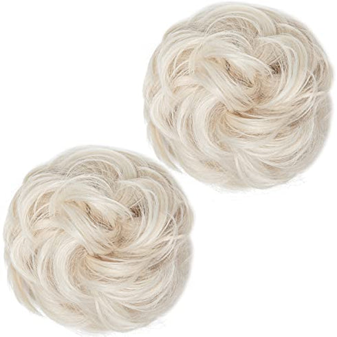 SARLA Updo Messy Bun Hair Piece Platinum Blonde Synthetic Fake Scrunchies Ponytail Extension Wavy Curly for Women Girls 2PCS
