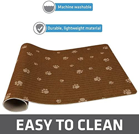 Drymate Pet Bowl Placemat, Dog & Cat Food Feeding Mat - Absorbent Fabric, Waterproof Backing, Slip-Resistant - Machine Washable/Durable (USA Made) (12” x 20”) (Brown Stripe Tan Paw)