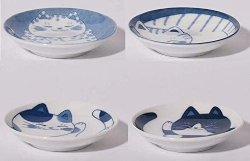Japanese Small Plate Set Ceramic Cute Cats Design Appetizer Dessert Sushi Sauce 3.94 x 0.8 Inches Set of 4