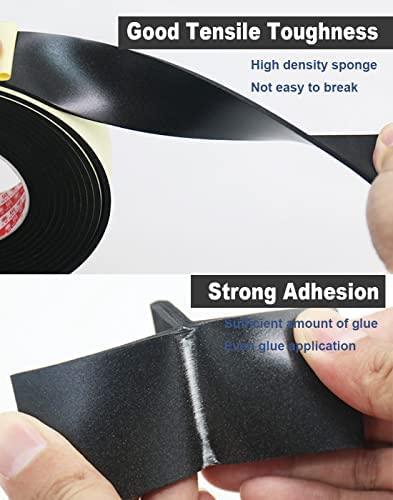 1/2 Inch Wide x 3/8 Inch Thick Foam Self Adhesive Tape for Sound Insulation Shock Absorption Weather Stripping Draft Seal, Doors and Windows, Black Single Sided (6.5ft X 2Rolls)