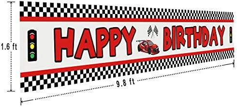 Lager Race Car Happy Birthday Banner, Red Racing Themed Party Supplies Decorations, Let's Go Racing Checkered Flag, Backdrop Background Table Cover (9.8 x 1.6 feet)