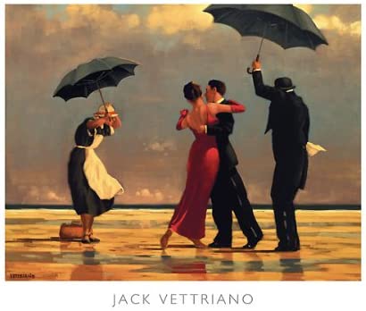 The Singing Butler Jack Vettriano Umbrella Love Dancing Beach Rain, Overall Size: 19.75x15.75, Image Size: 18.5x13.5