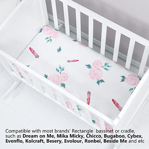 TILLYOU Silky Soft Breathable Bassinet Sheets Fitted for Baby Boy Girl, Compatible with Brands’ Basinette Bedside Co-Sleeper Lounger Cradle Oval Rectangle Hourglass Mattress, 2-Pack Floral Flowers