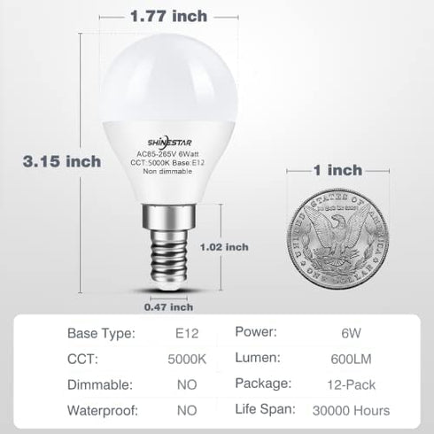 SHINESTAR 12-Pack E12 LED Ceiling Fan Light Bulbs 5000K Daylight, Small Candelabra Base 6w (60w Equivalent), Globe Shape A15 Bulbs, High CRI 85+ for Natural and Radiant Colors, Non-Dimmable