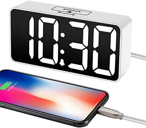 DreamSky Compact Digital Alarm Clock with USB Port for Charging, 0-100% Adjustable Brightness Dimmer, White Bold Digit Display, Adjustable Alarm Volume, Bedside Alarm Clock with Snooze,12/24Hr