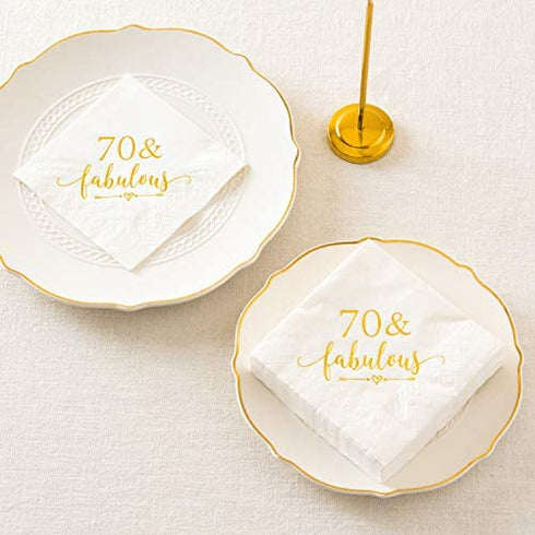 Crisky 70 and Fabulous Cocktail Napkins Gold for Women 70th Birthday Decorations, 70th Birthday Bevergae Dessert Cake Table Supplies, 50Pcs, 3-Ply