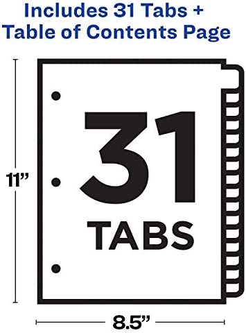 Avery 31-tab Dividers for 3 Ring Binders, Customizable Table of Contents, Multicolor Tabs, 1 Set (11846)