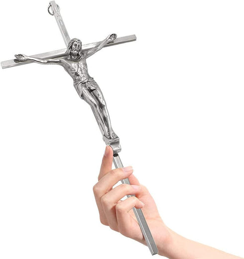 ACHIBANG Crucifix Wall Cross - Metal Slender Catholic Hanging Jesus Cross for the Wall - 10 Inch - Shiny Silver
