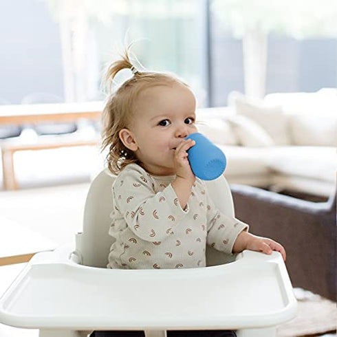 ez pz Mini Cup + Straw Training System - 100% Silicone Training Cup for Infants + Toddlers - Designed by a Pediatric Feeding Specialist - 12 Months+ (Blue)