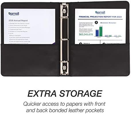 Samsill 1" Junior Size Contrast Stitch Leather 3 Ring Binder, Holds 8.5 x 5.5" Paper Size, Portfolio Organizer, Black