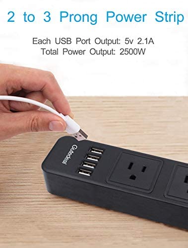 2 Prong Power Strip, Surge Protector 2 Prong with 3AC Outlets and 4 USB Charging Ports, 6.6ft Long 2 Prong to 3 Prong Extension Cord for Smartphone Home Office Desktop, Black