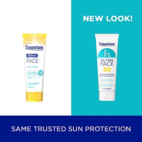 Coppertone Face Sunscreen SPF 30, Oil Free Sunscreen for Face, Water Resistant SPF 30 Sunscreen Face Lotion, Travel Size Sunscreen, 3 Fl Oz Tube
