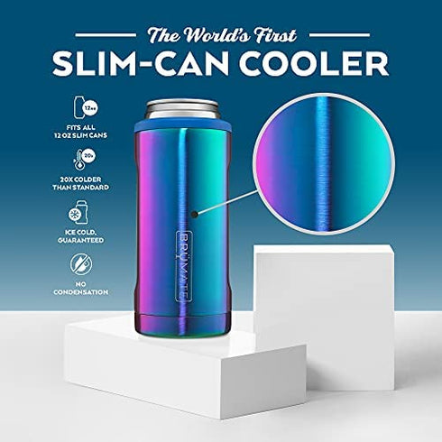 BrüMate Hopsulator Slim Can Cooler Insulated for 12oz Slim Cans | Skinny Can Coozie Insulated Stainless Steel Drink Holder for Hard Seltzer, Beer, Soda, and Energy Drinks (Rainbow Titanium)