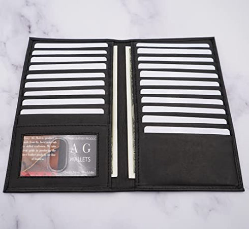 AG Wallets Genuine Leather Mens Long ID 19 Credit Card Security Wallet Black (RFID_Black)